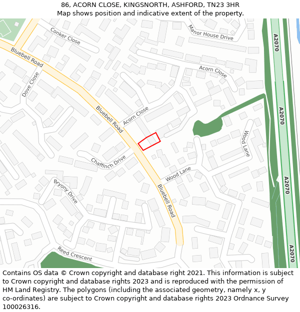 86, ACORN CLOSE, KINGSNORTH, ASHFORD, TN23 3HR: Location map and indicative extent of plot