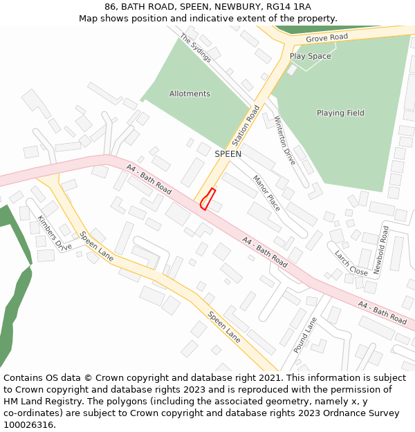 86, BATH ROAD, SPEEN, NEWBURY, RG14 1RA: Location map and indicative extent of plot