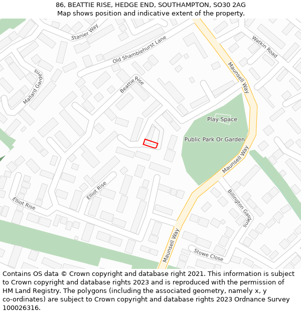 86, BEATTIE RISE, HEDGE END, SOUTHAMPTON, SO30 2AG: Location map and indicative extent of plot
