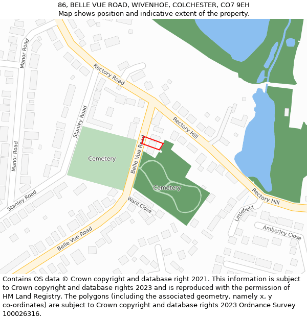 86, BELLE VUE ROAD, WIVENHOE, COLCHESTER, CO7 9EH: Location map and indicative extent of plot