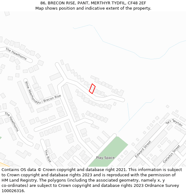 86, BRECON RISE, PANT, MERTHYR TYDFIL, CF48 2EF: Location map and indicative extent of plot