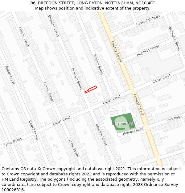 86, BREEDON STREET, LONG EATON, NOTTINGHAM, NG10 4FE: Location map and indicative extent of plot