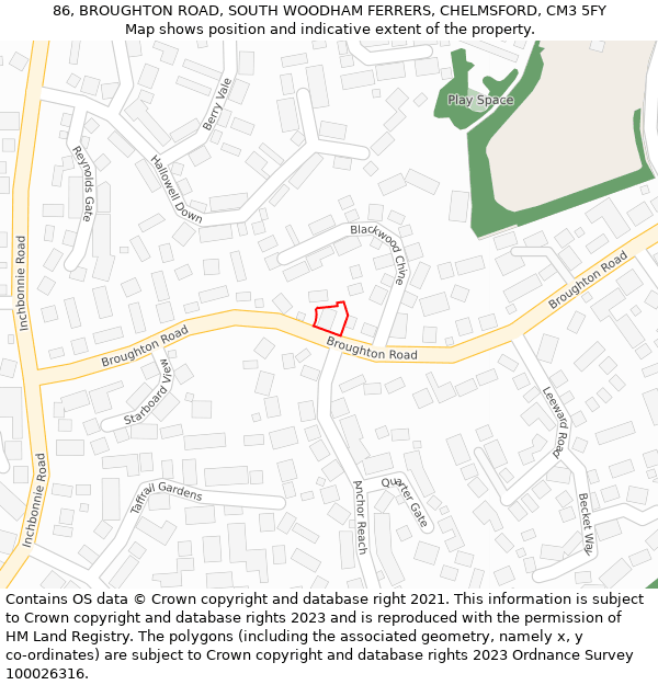 86, BROUGHTON ROAD, SOUTH WOODHAM FERRERS, CHELMSFORD, CM3 5FY: Location map and indicative extent of plot