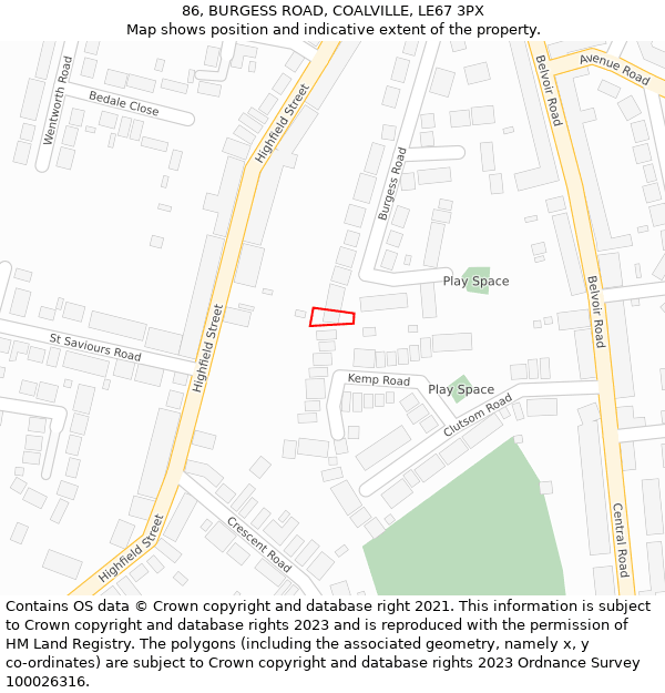 86, BURGESS ROAD, COALVILLE, LE67 3PX: Location map and indicative extent of plot
