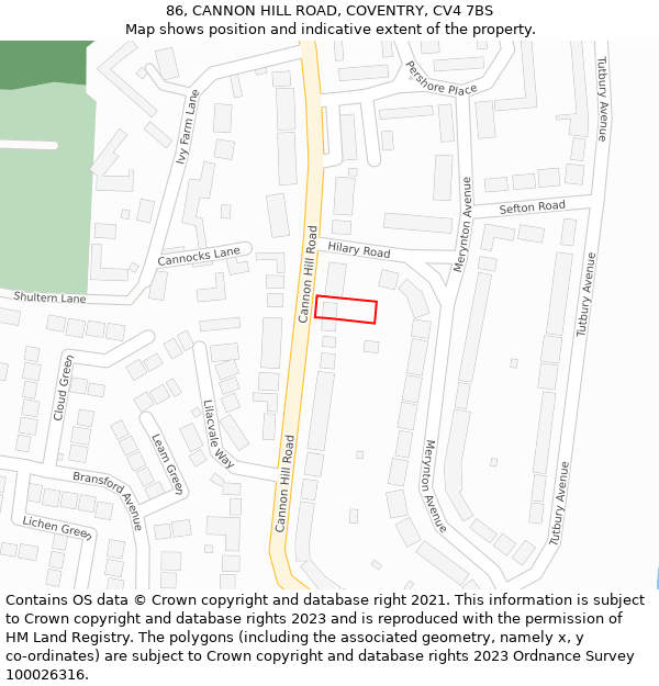 86, CANNON HILL ROAD, COVENTRY, CV4 7BS: Location map and indicative extent of plot