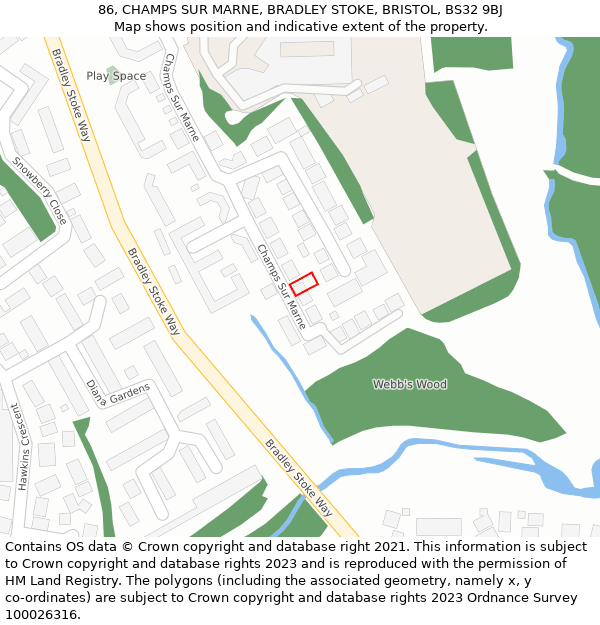 86, CHAMPS SUR MARNE, BRADLEY STOKE, BRISTOL, BS32 9BJ: Location map and indicative extent of plot