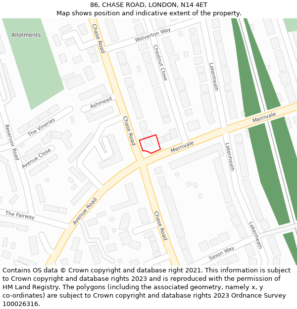 86, CHASE ROAD, LONDON, N14 4ET: Location map and indicative extent of plot
