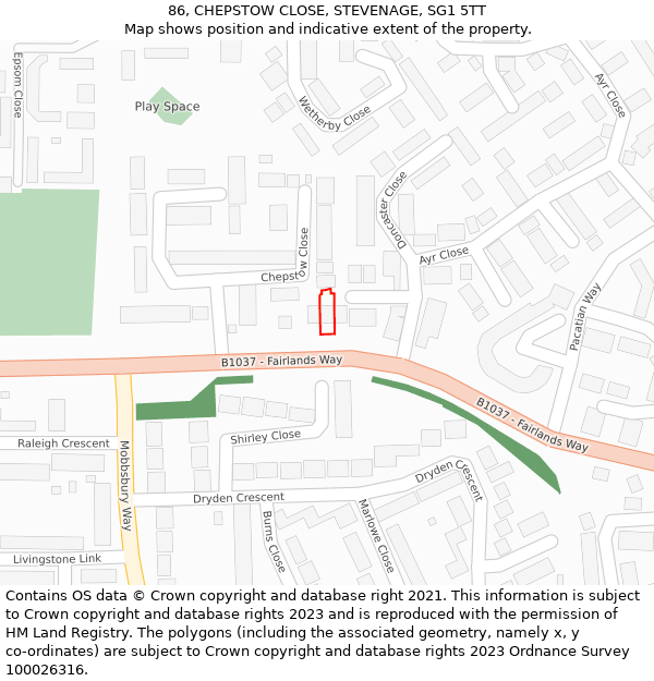 86, CHEPSTOW CLOSE, STEVENAGE, SG1 5TT: Location map and indicative extent of plot