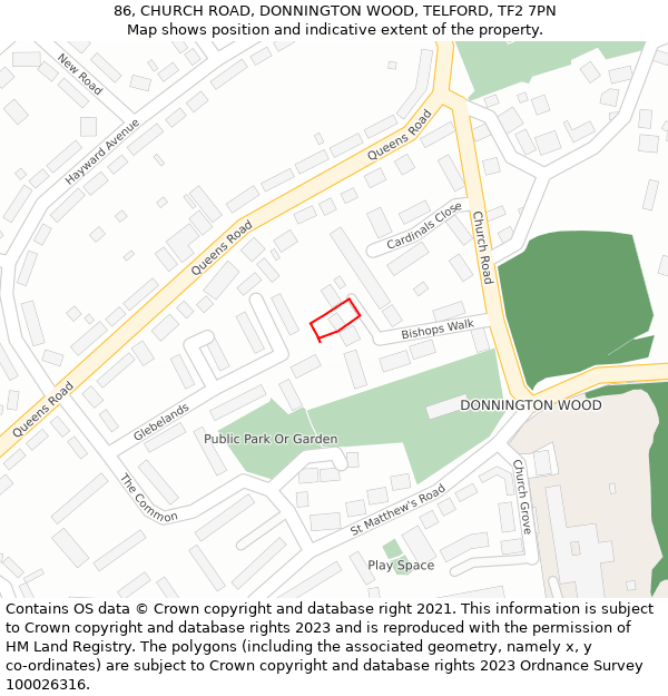 86, CHURCH ROAD, DONNINGTON WOOD, TELFORD, TF2 7PN: Location map and indicative extent of plot