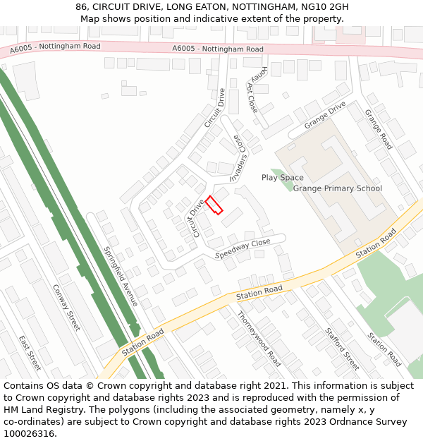 86, CIRCUIT DRIVE, LONG EATON, NOTTINGHAM, NG10 2GH: Location map and indicative extent of plot