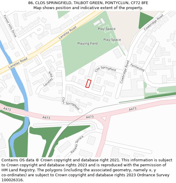 86, CLOS SPRINGFIELD, TALBOT GREEN, PONTYCLUN, CF72 8FE: Location map and indicative extent of plot