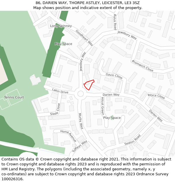 86, DARIEN WAY, THORPE ASTLEY, LEICESTER, LE3 3SZ: Location map and indicative extent of plot