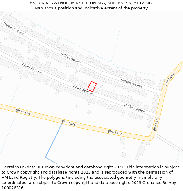 86, DRAKE AVENUE, MINSTER ON SEA, SHEERNESS, ME12 3RZ: Location map and indicative extent of plot