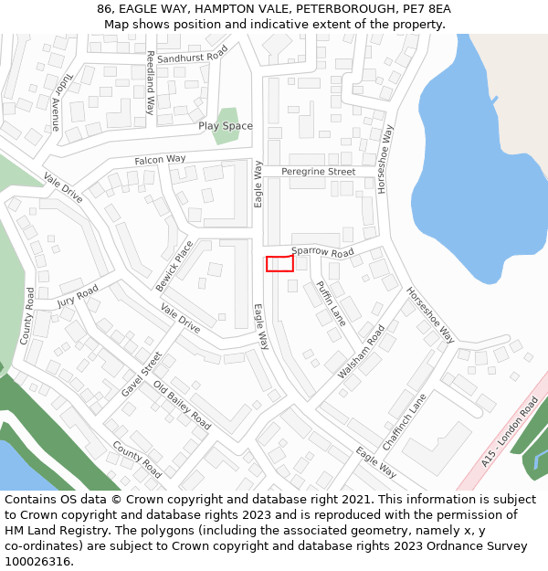 86, EAGLE WAY, HAMPTON VALE, PETERBOROUGH, PE7 8EA: Location map and indicative extent of plot