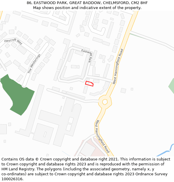 86, EASTWOOD PARK, GREAT BADDOW, CHELMSFORD, CM2 8HF: Location map and indicative extent of plot