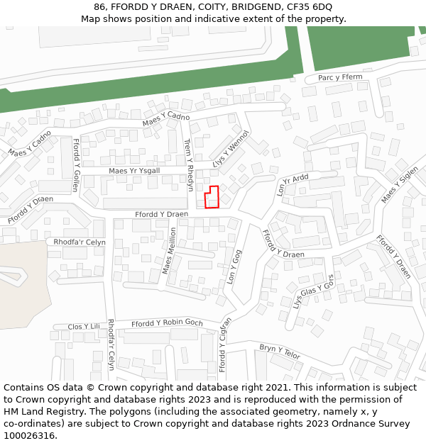 86, FFORDD Y DRAEN, COITY, BRIDGEND, CF35 6DQ: Location map and indicative extent of plot