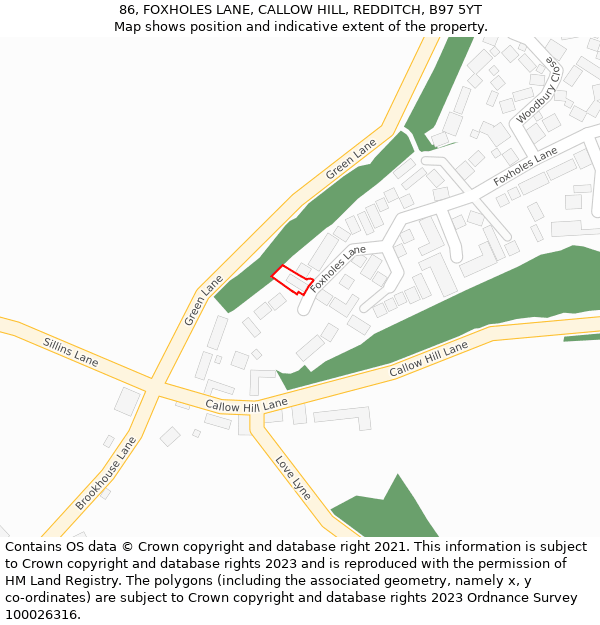 86, FOXHOLES LANE, CALLOW HILL, REDDITCH, B97 5YT: Location map and indicative extent of plot