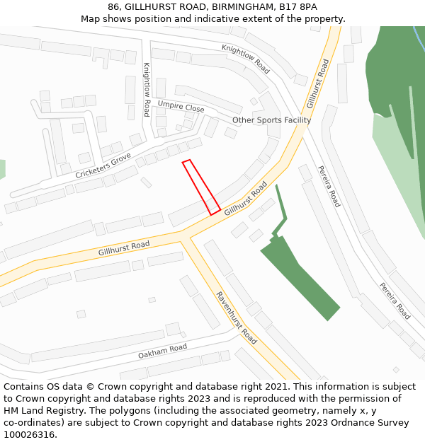 86, GILLHURST ROAD, BIRMINGHAM, B17 8PA: Location map and indicative extent of plot