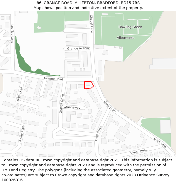 86, GRANGE ROAD, ALLERTON, BRADFORD, BD15 7RS: Location map and indicative extent of plot