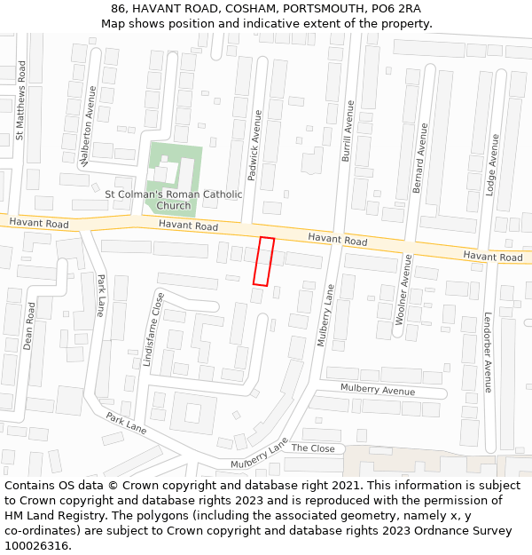 86, HAVANT ROAD, COSHAM, PORTSMOUTH, PO6 2RA: Location map and indicative extent of plot