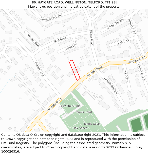 86, HAYGATE ROAD, WELLINGTON, TELFORD, TF1 2BJ: Location map and indicative extent of plot