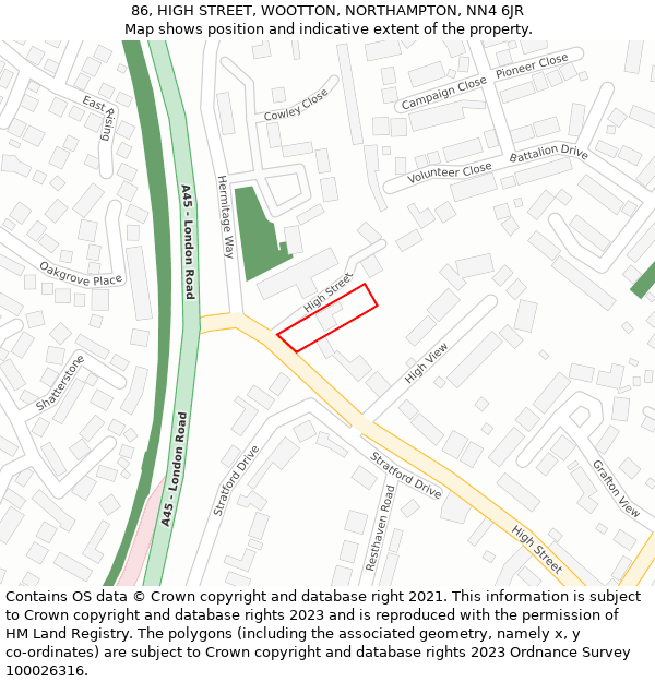 86, HIGH STREET, WOOTTON, NORTHAMPTON, NN4 6JR: Location map and indicative extent of plot