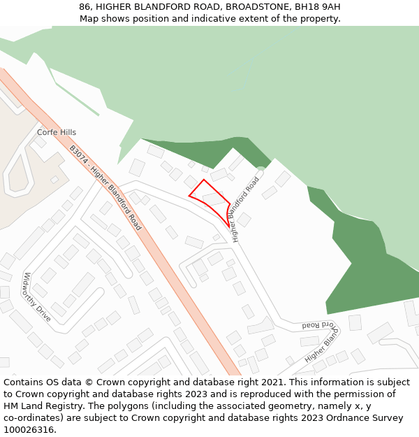 86, HIGHER BLANDFORD ROAD, BROADSTONE, BH18 9AH: Location map and indicative extent of plot