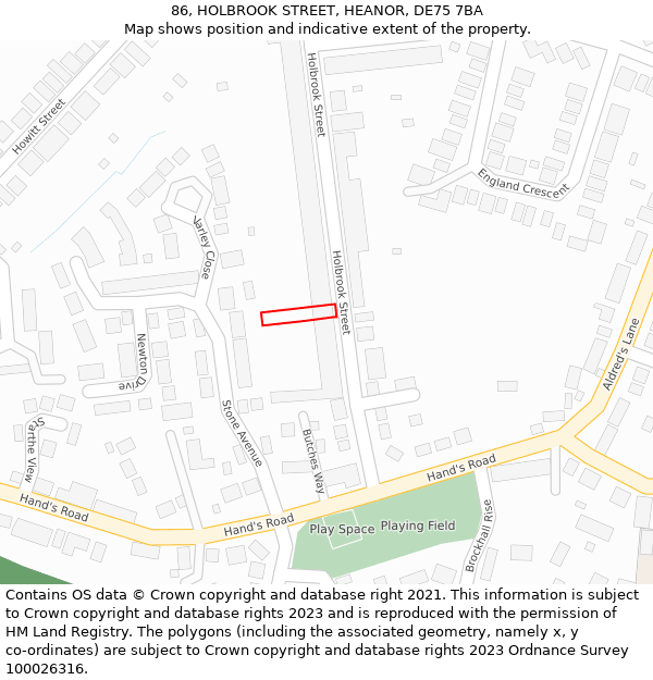 86, HOLBROOK STREET, HEANOR, DE75 7BA: Location map and indicative extent of plot