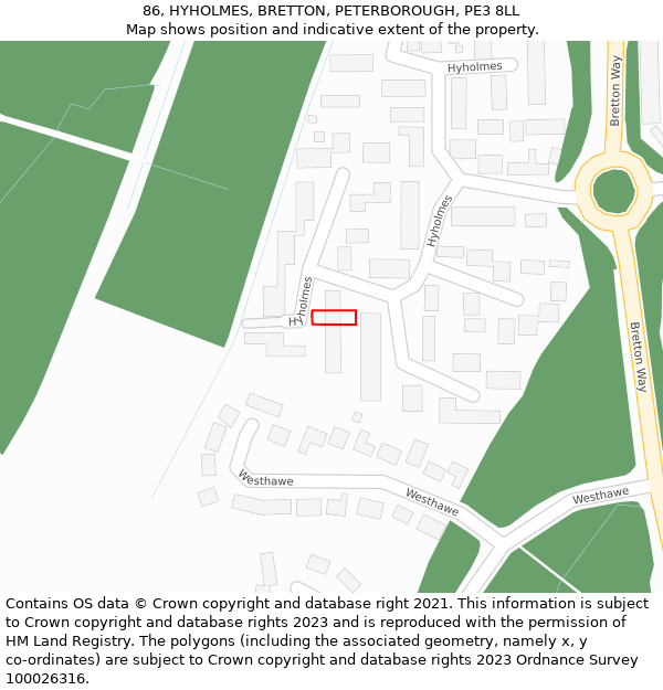 86, HYHOLMES, BRETTON, PETERBOROUGH, PE3 8LL: Location map and indicative extent of plot