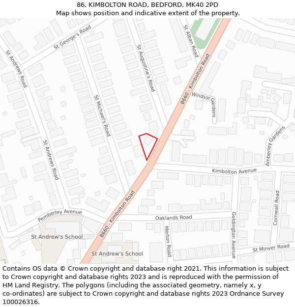 86, KIMBOLTON ROAD, BEDFORD, MK40 2PD: Location map and indicative extent of plot