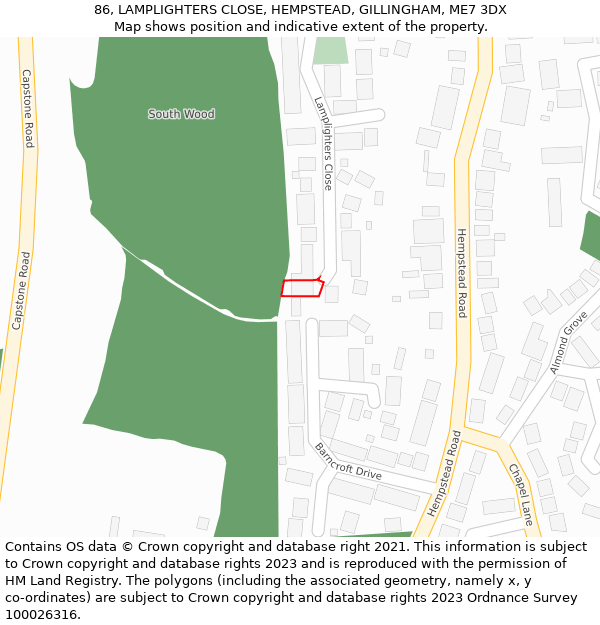86, LAMPLIGHTERS CLOSE, HEMPSTEAD, GILLINGHAM, ME7 3DX: Location map and indicative extent of plot