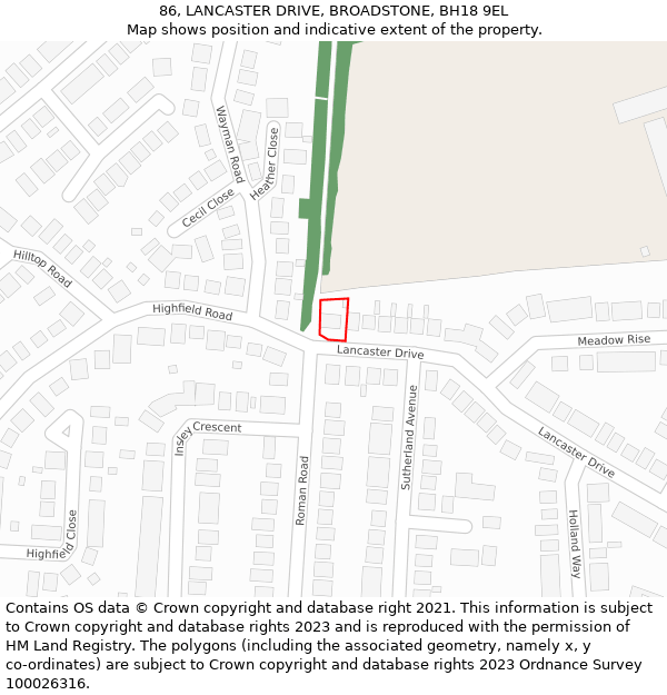 86, LANCASTER DRIVE, BROADSTONE, BH18 9EL: Location map and indicative extent of plot