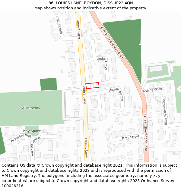 86, LOUIES LANE, ROYDON, DISS, IP22 4QN: Location map and indicative extent of plot