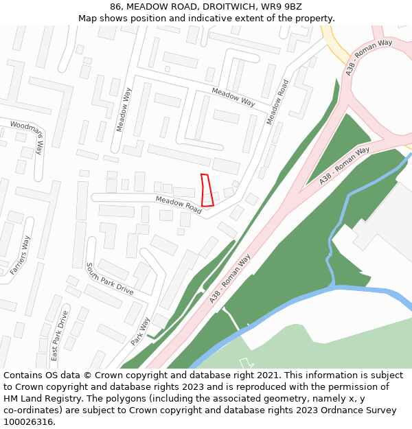 86, MEADOW ROAD, DROITWICH, WR9 9BZ: Location map and indicative extent of plot