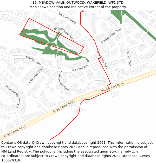 86, MEADOW VALE, OUTWOOD, WAKEFIELD, WF1 3TD: Location map and indicative extent of plot