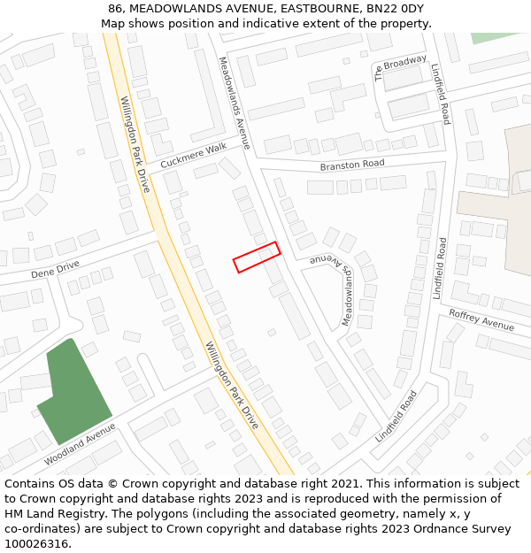 86, MEADOWLANDS AVENUE, EASTBOURNE, BN22 0DY: Location map and indicative extent of plot