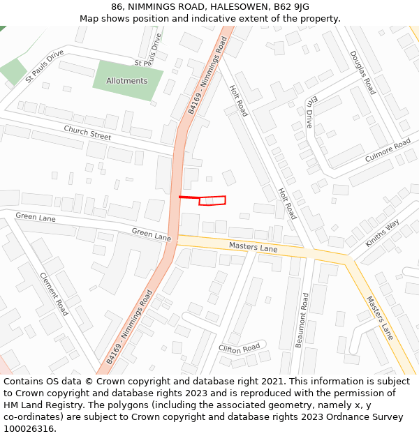 86, NIMMINGS ROAD, HALESOWEN, B62 9JG: Location map and indicative extent of plot