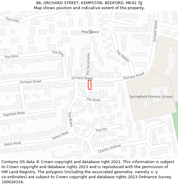 86, ORCHARD STREET, KEMPSTON, BEDFORD, MK42 7JJ: Location map and indicative extent of plot