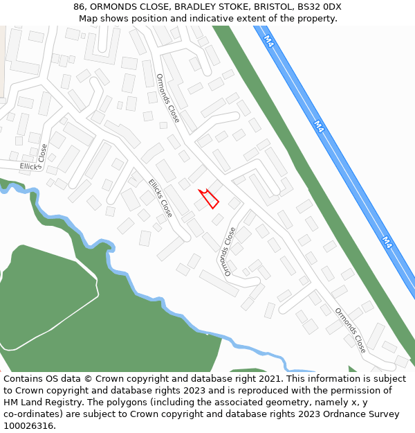 86, ORMONDS CLOSE, BRADLEY STOKE, BRISTOL, BS32 0DX: Location map and indicative extent of plot