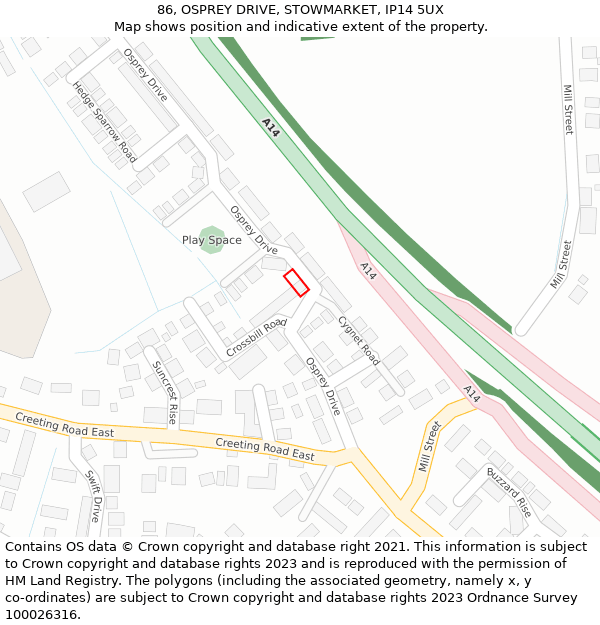 86, OSPREY DRIVE, STOWMARKET, IP14 5UX: Location map and indicative extent of plot