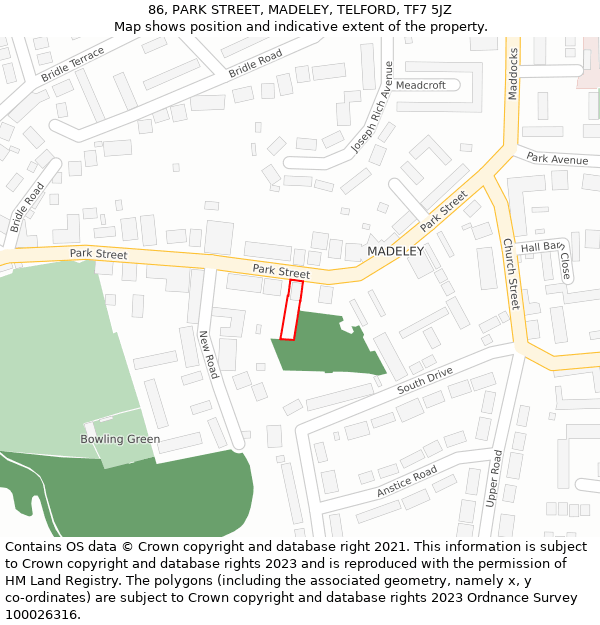 86, PARK STREET, MADELEY, TELFORD, TF7 5JZ: Location map and indicative extent of plot