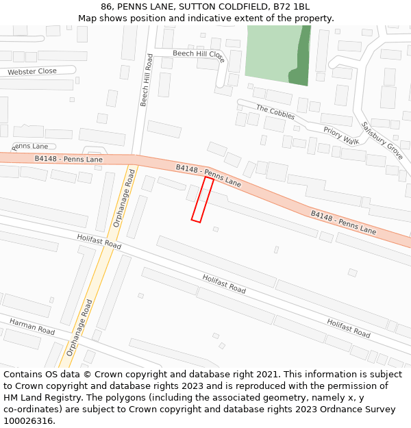 86, PENNS LANE, SUTTON COLDFIELD, B72 1BL: Location map and indicative extent of plot