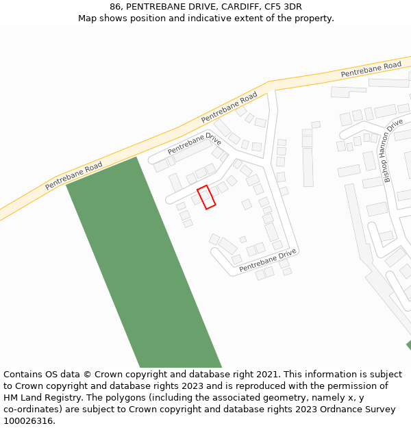 86, PENTREBANE DRIVE, CARDIFF, CF5 3DR: Location map and indicative extent of plot