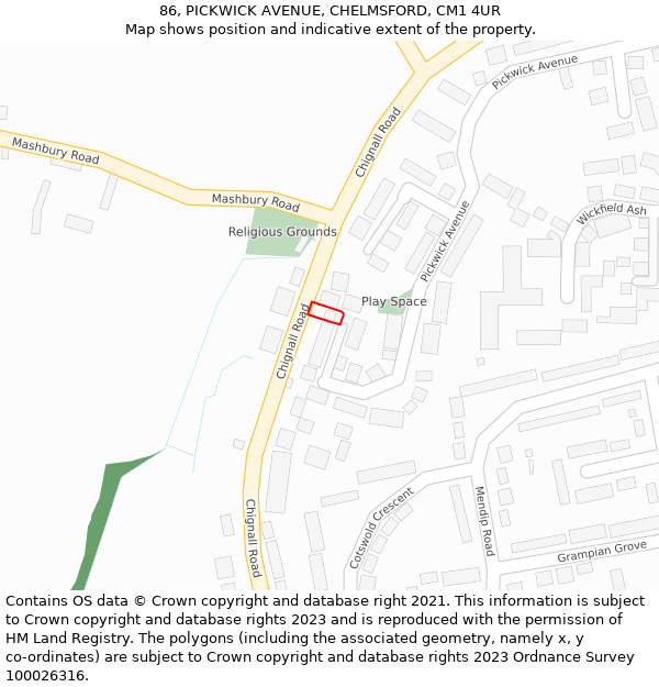 86, PICKWICK AVENUE, CHELMSFORD, CM1 4UR: Location map and indicative extent of plot