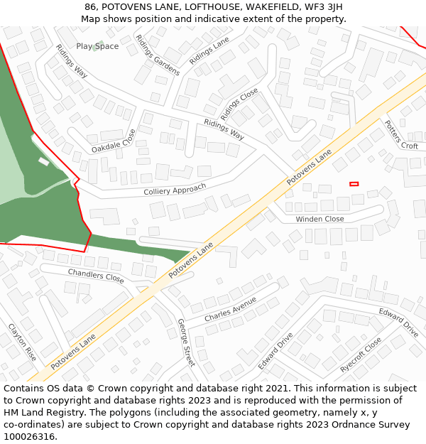 86, POTOVENS LANE, LOFTHOUSE, WAKEFIELD, WF3 3JH: Location map and indicative extent of plot