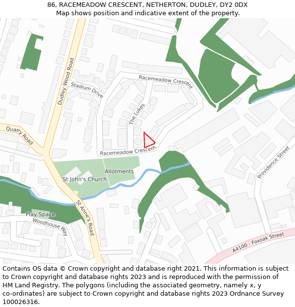 86, RACEMEADOW CRESCENT, NETHERTON, DUDLEY, DY2 0DX: Location map and indicative extent of plot