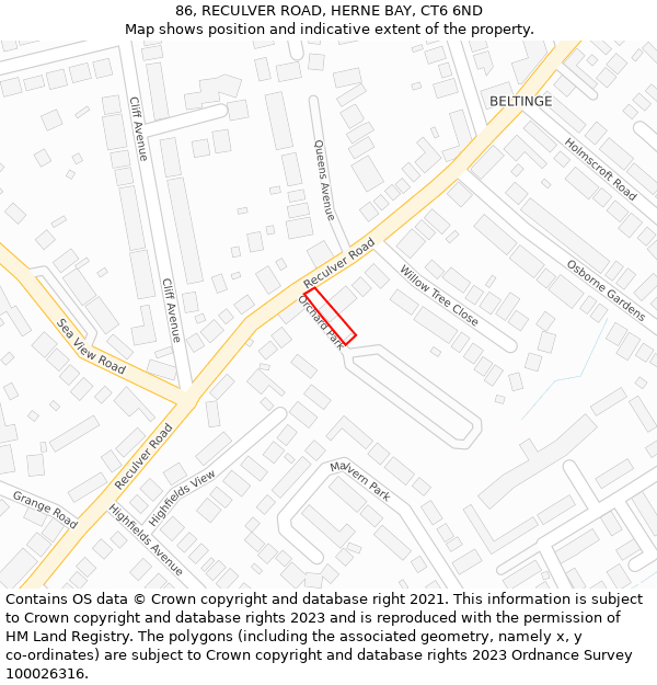 86, RECULVER ROAD, HERNE BAY, CT6 6ND: Location map and indicative extent of plot