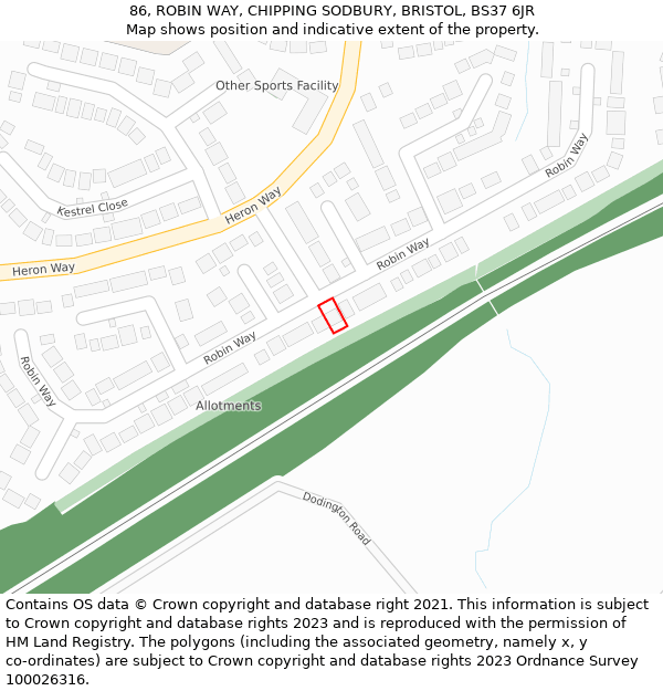 86, ROBIN WAY, CHIPPING SODBURY, BRISTOL, BS37 6JR: Location map and indicative extent of plot