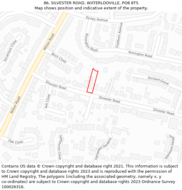 86, SILVESTER ROAD, WATERLOOVILLE, PO8 8TS: Location map and indicative extent of plot
