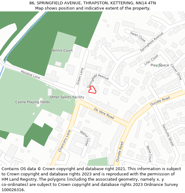 86, SPRINGFIELD AVENUE, THRAPSTON, KETTERING, NN14 4TN: Location map and indicative extent of plot